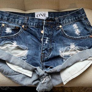 One Teaspoon BANDITS style distressed, dark wash and relaxed fit 24" shorts